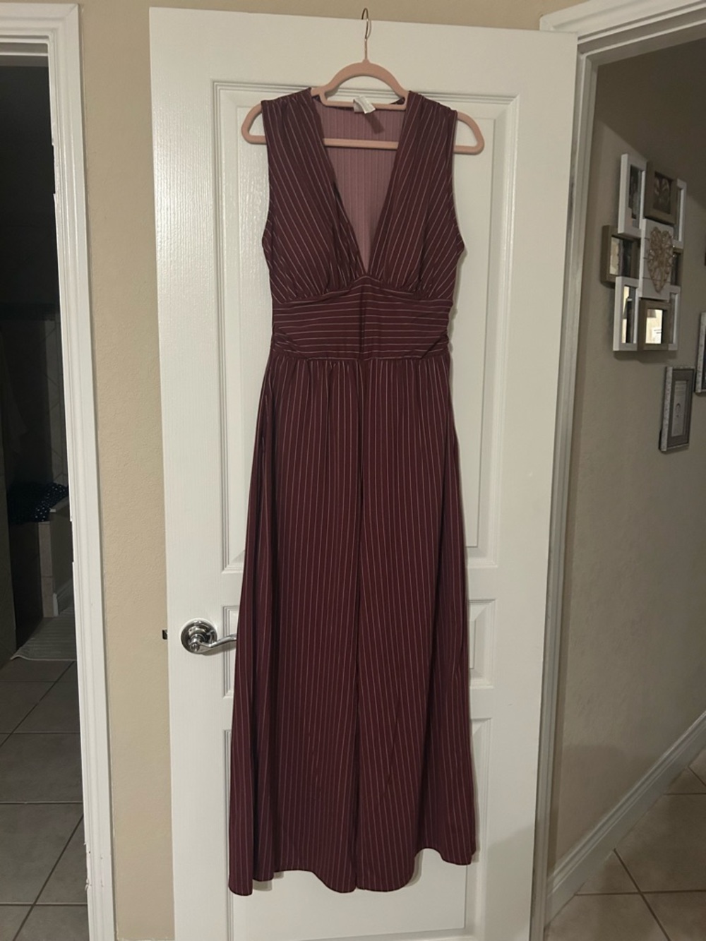 HALARA Burgundy Pinstripe V-Neck Sleeveless Jumpsuit